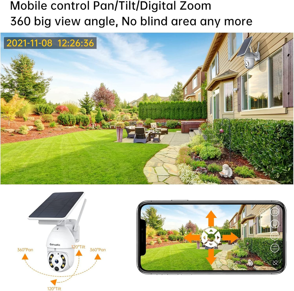 Solar Security Camera Wireless Outdoor 360° Pan Tilt WiFi Solar Powered Camera P438149