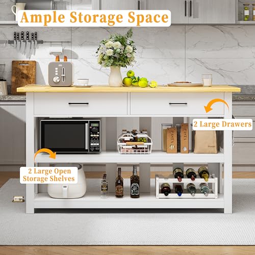 Solid Rubberwood Kitchen Island with Power Outlets, 2 Drawers & Open Shelves (Grey) G74630