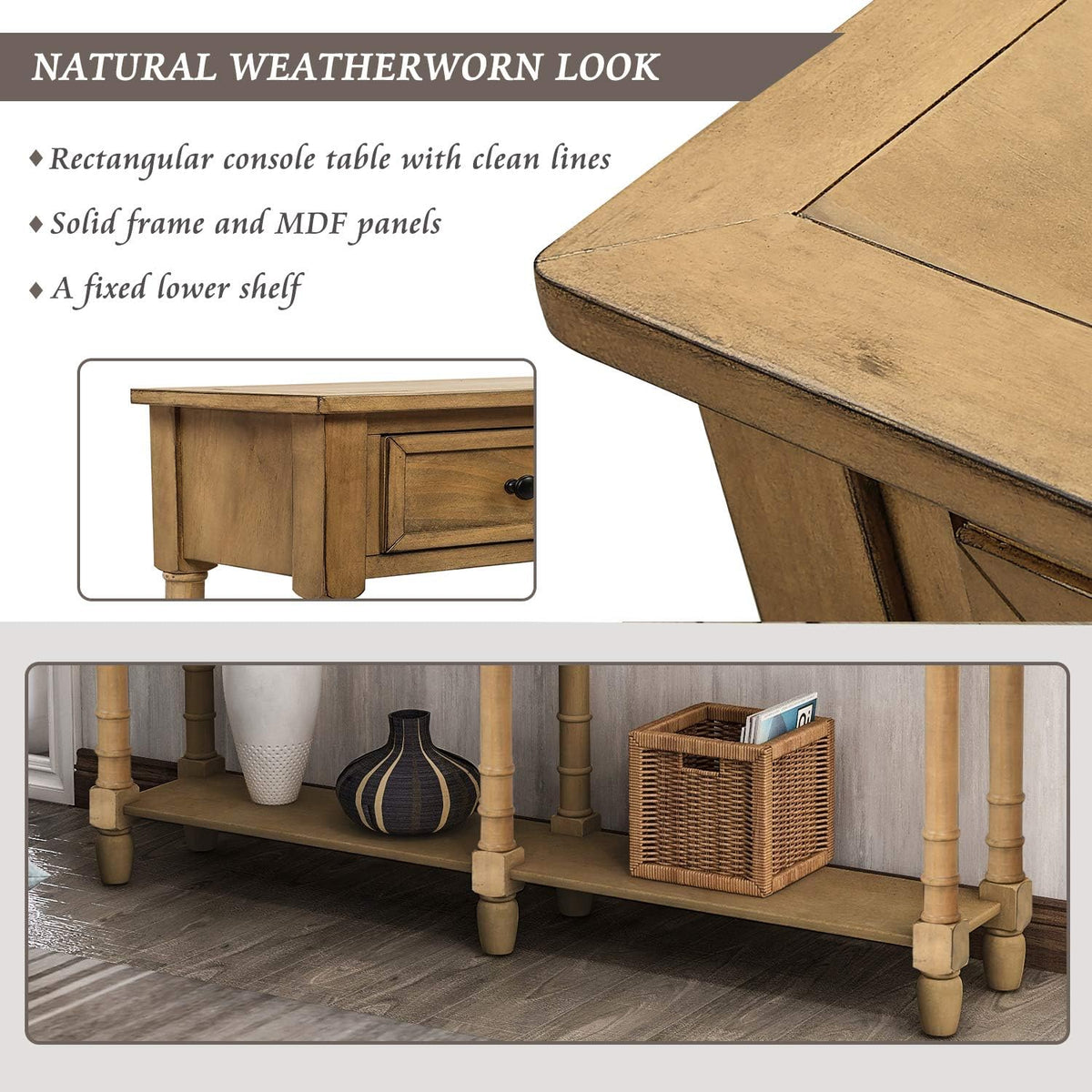 Old Pine Solid Wood Console Sofa with Two Storage Drawers and Bottom Shelf R6635