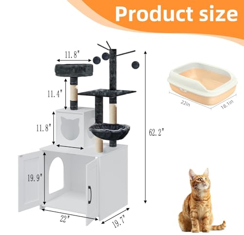 Grey Wood Cat Tree with Litter Box Enclosure Y8381