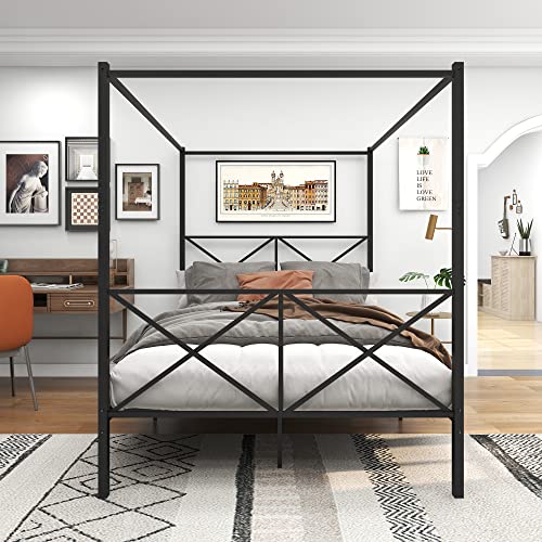 Queen Size Metal Canopy Bed Frame with Headboard and Footboard O54900