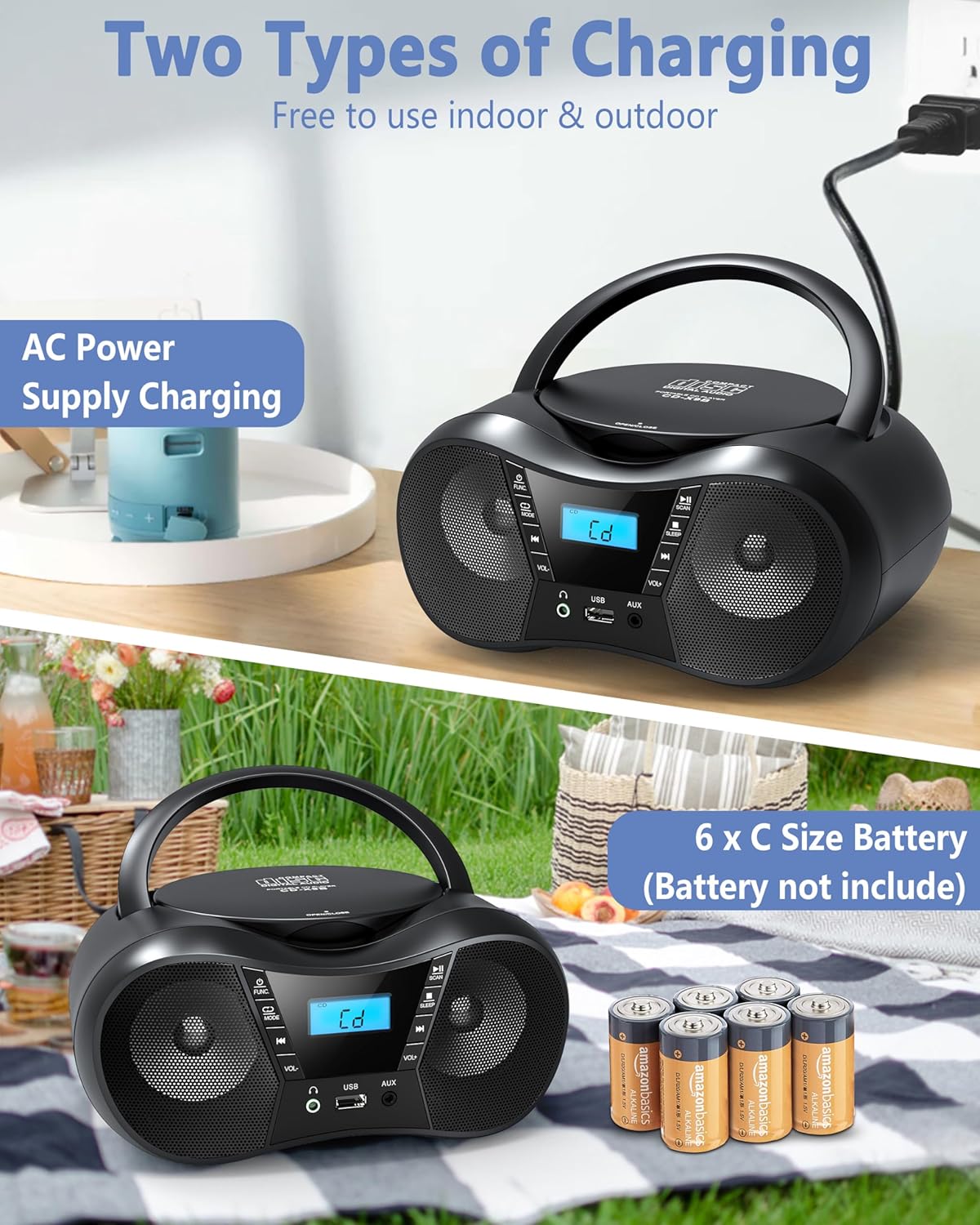 Portable CD Player Boombox with FM Radio, Bluetooth, LCD Display, USB/AUX Input, AC/Battery Powered W86219