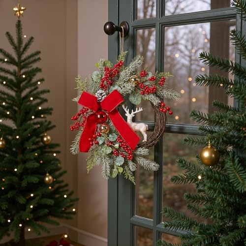 Christmas Wreath with Red Bow and Golden Ball, Pine Cones V80752