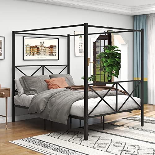 Queen Size Metal Canopy Bed Frame with Headboard and Footboard O54900