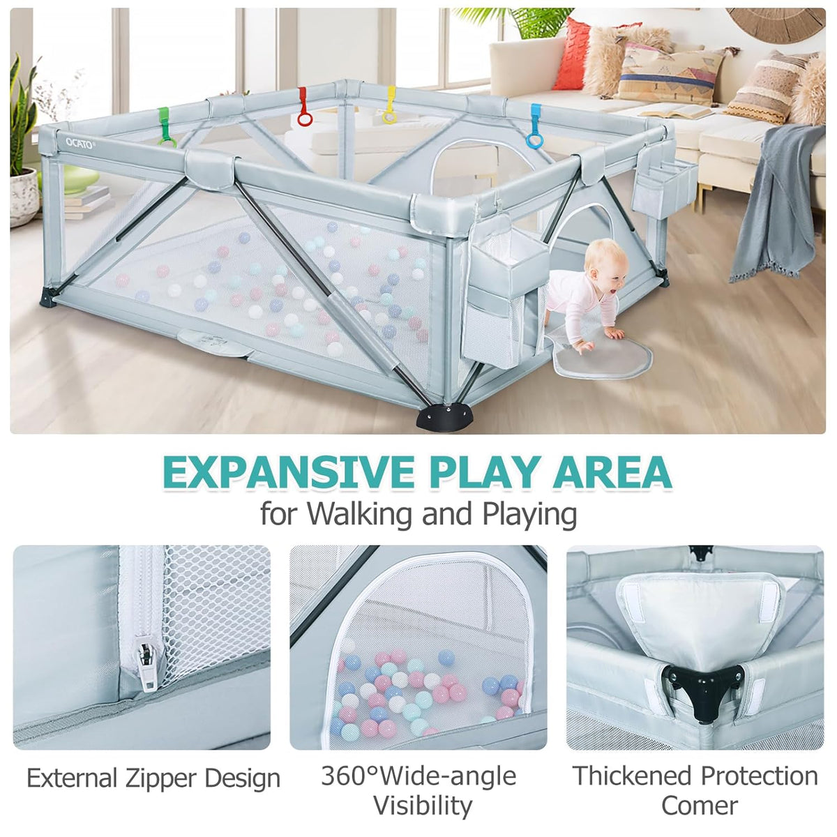 Foldable Large Play Pen with 2 Storage Bags 50 Balls (71" × 59") T688