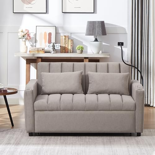 Beige 3 in 1 Convertible Single Sofa Bed Lounger Chair with Pillow and Adjustable Backrest H103