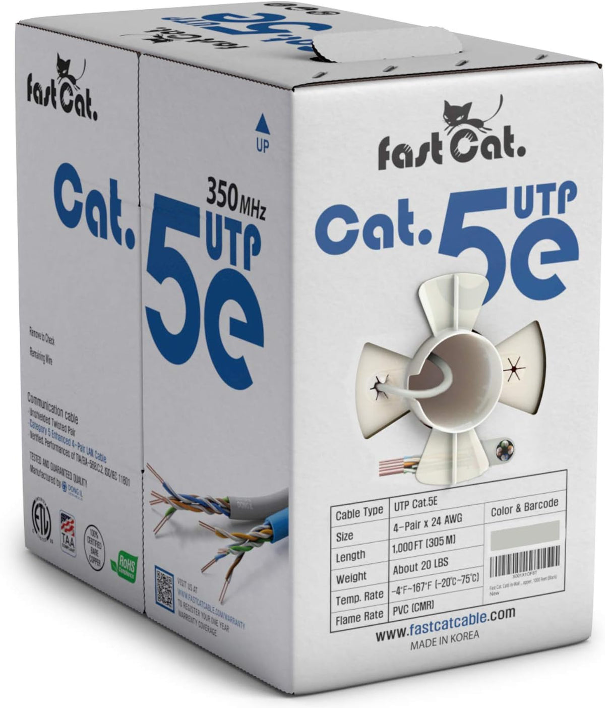 Cat5e Ethernet Cable 1000ft 24 AWG Bare Copper Blue Z583433