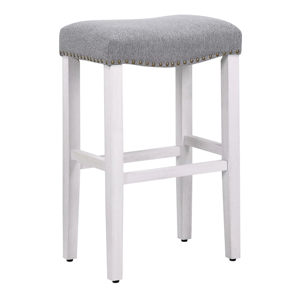 White Wooden Bar Stool Set of 2 with Gray Linen Cushion E918