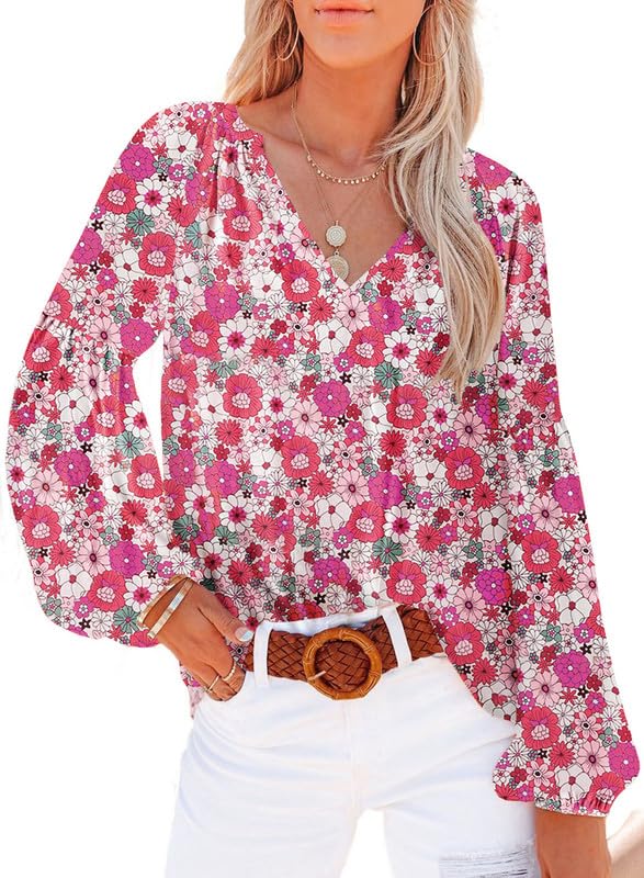 Women's Floral Print V Neck Long Sleeve Loose Blouses Tops C426