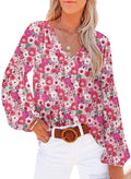 Women's Floral Print V Neck Long Sleeve Loose Blouses Tops C426