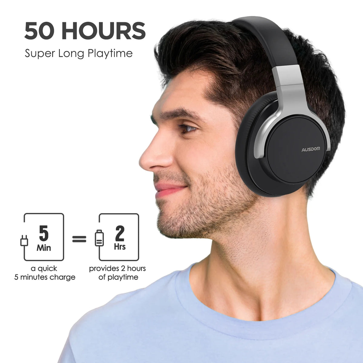 Black Active Noise Cancelling Wireless Over Ear Headphones with Mic N57853