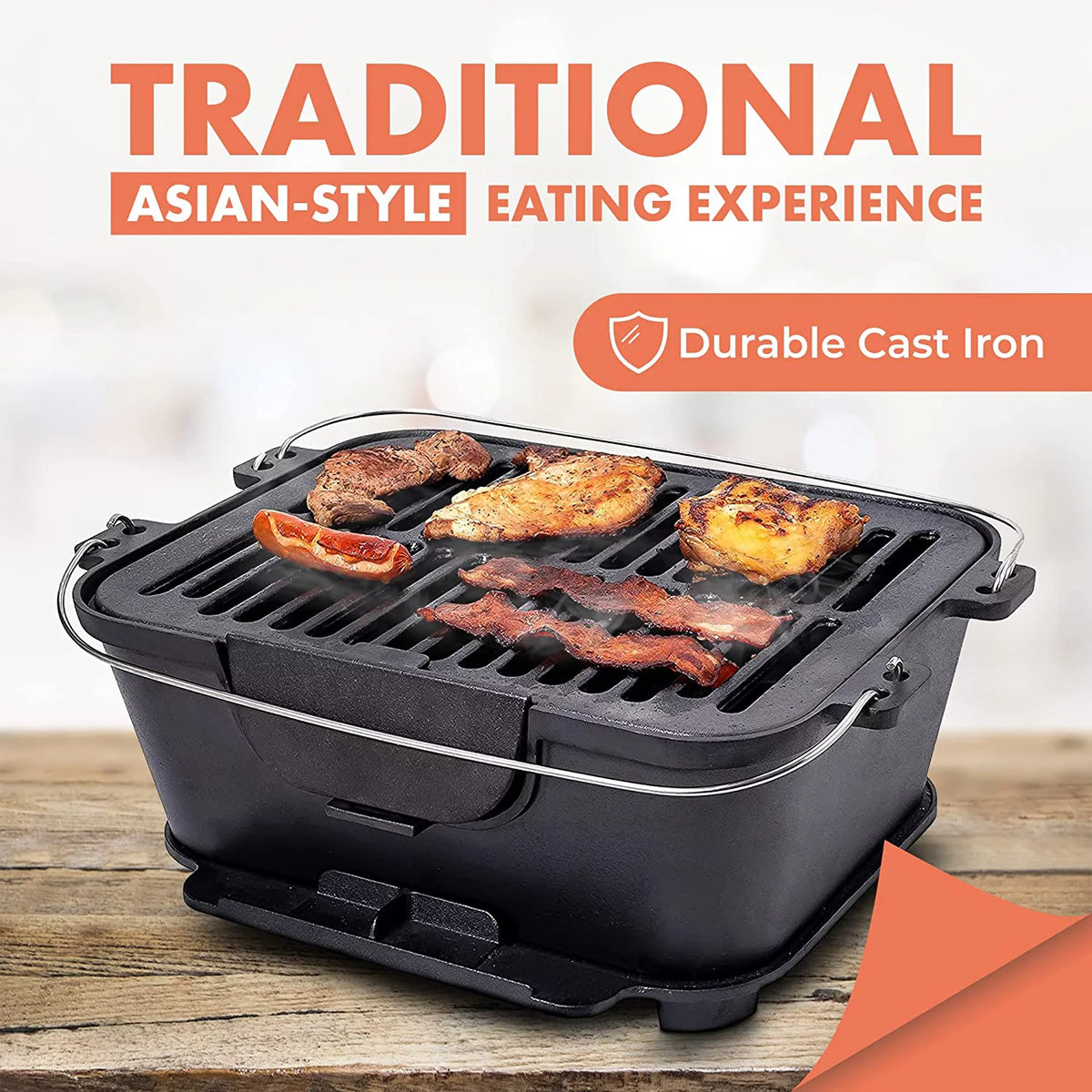 Pre-Seasoned Portable Cast Iron Charcoal Rectangle BBQ Grill, 14" x 12" Grilling Surface X932