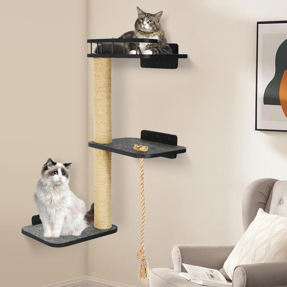 3-Tier Cat Wall Shelves with Scratching Post Z70784