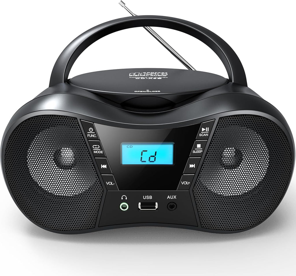 Portable CD Player Boombox with FM Radio, Bluetooth, LCD Display, USB/AUX Input, AC/Battery Powered W86219