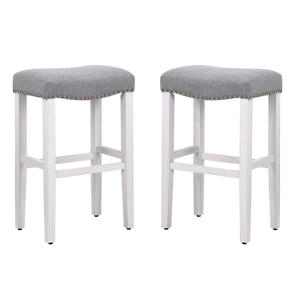 White Wooden Bar Stool Set of 2 with Gray Linen Cushion E918
