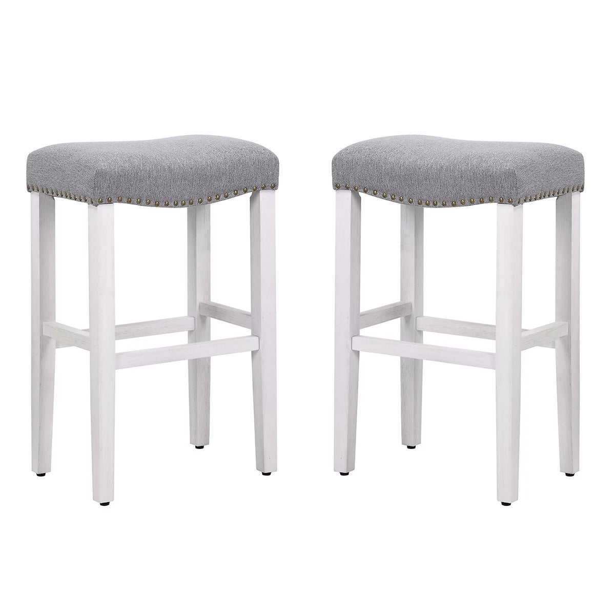White Wooden Bar Stool Set of 2 with Gray Linen Cushion E918