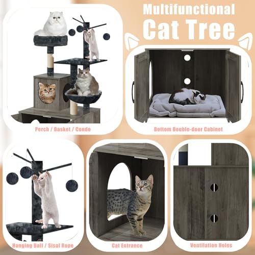 Grey Wood Cat Tree with Litter Box Enclosure Y8381