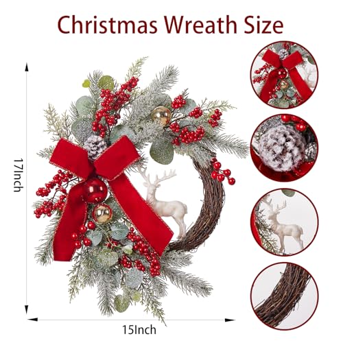 Christmas Wreath with Red Bow and Golden Ball, Pine Cones V80752
