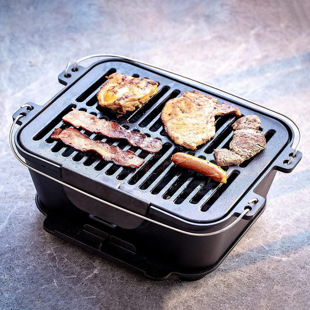 Pre-Seasoned Portable Cast Iron Charcoal Rectangle BBQ Grill, 14" x 12" Grilling Surface X932