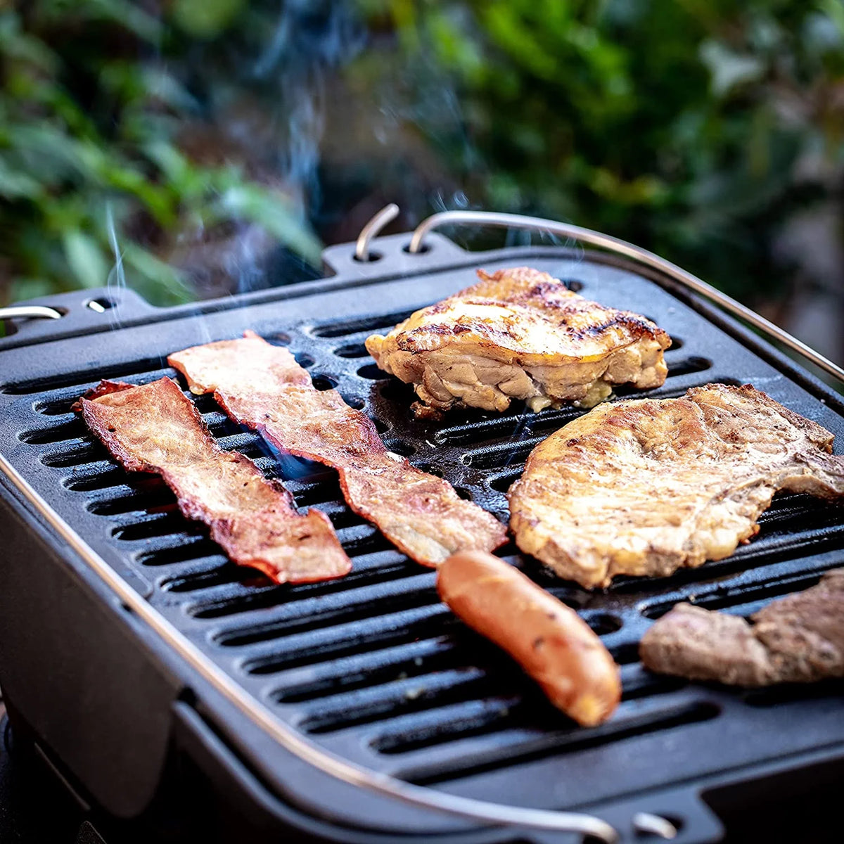 Pre-Seasoned Portable Cast Iron Charcoal Rectangle BBQ Grill, 14" x 12" Grilling Surface X932