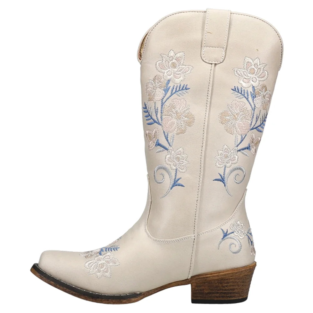 Womens Floral Embroidery Snip Toe Casual Boots Mid Calf Low Heel V893