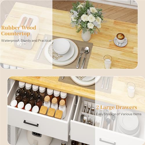 Solid Rubberwood Kitchen Island with Power Outlets, 2 Drawers & Open Shelves (Grey) G74630