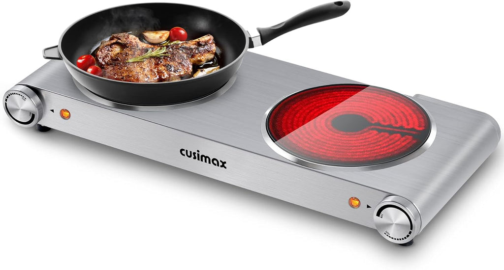 Electric Hot Plate 1500W Single Burner Cast Iron Portable Stove with Adjustable Temperature Control Silver Stainless Steel Non-Slip Rubber Feet Pack of 2 Q340