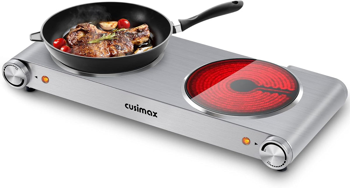 Electric Hot Plate 1500W Single Burner Cast Iron Portable Stove with Adjustable Temperature Control Silver Stainless Steel Non-Slip Rubber Feet Pack of 2 Q340