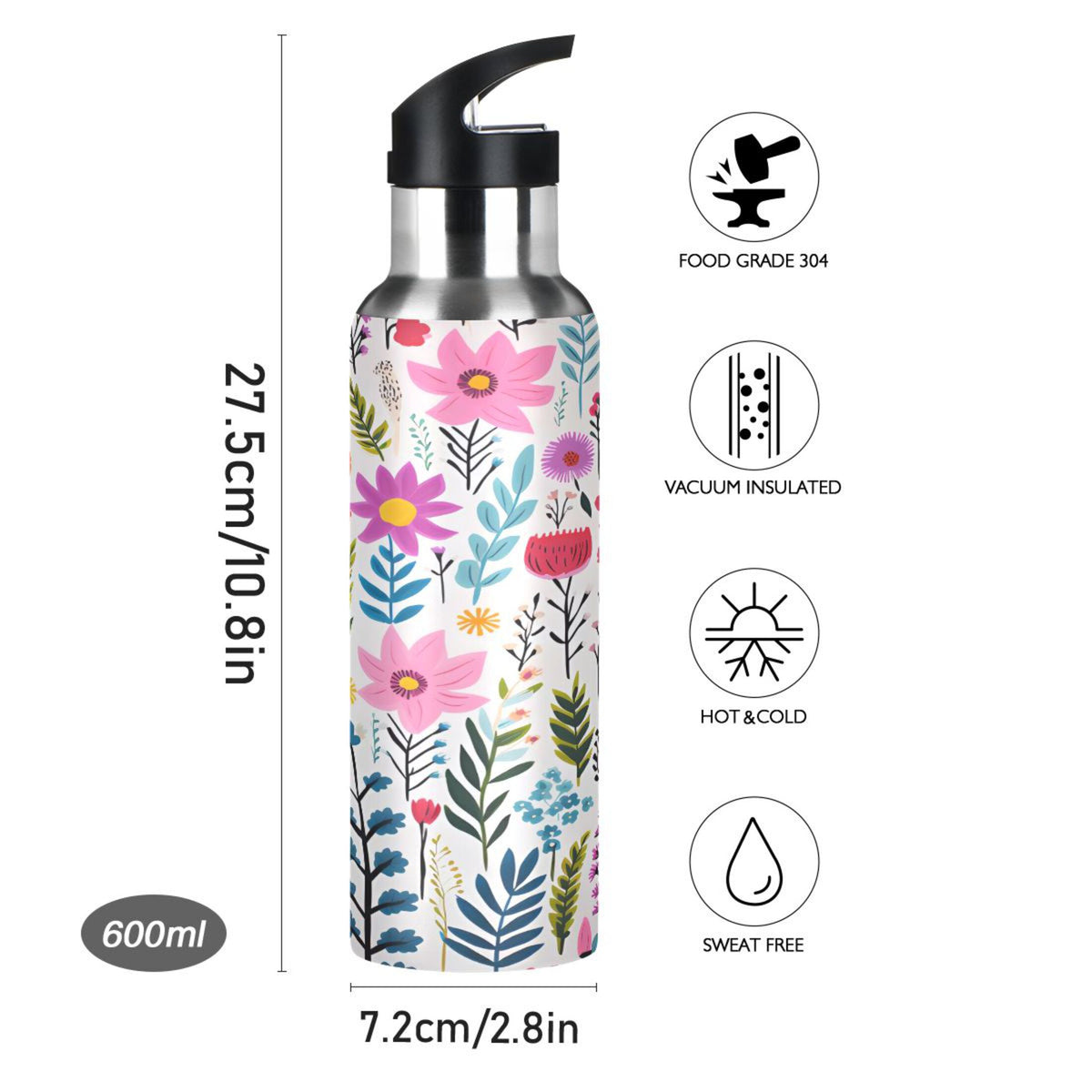 Pink Blue Flowers Stainless Steel Insulated Water Bottle with Straw Lid S540543