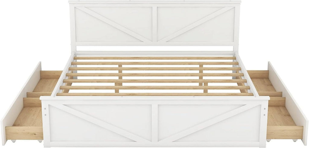 White Wood Platform Bed Frame with 4 Storage Drawers U6498