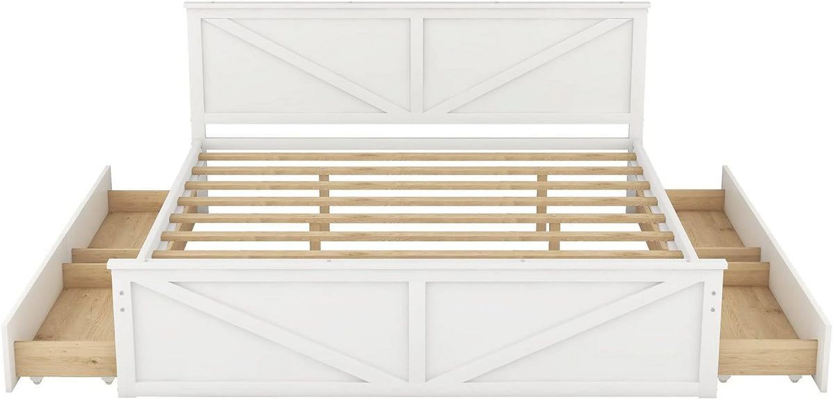 White Wood Platform Bed Frame with 4 Storage Drawers U6498
