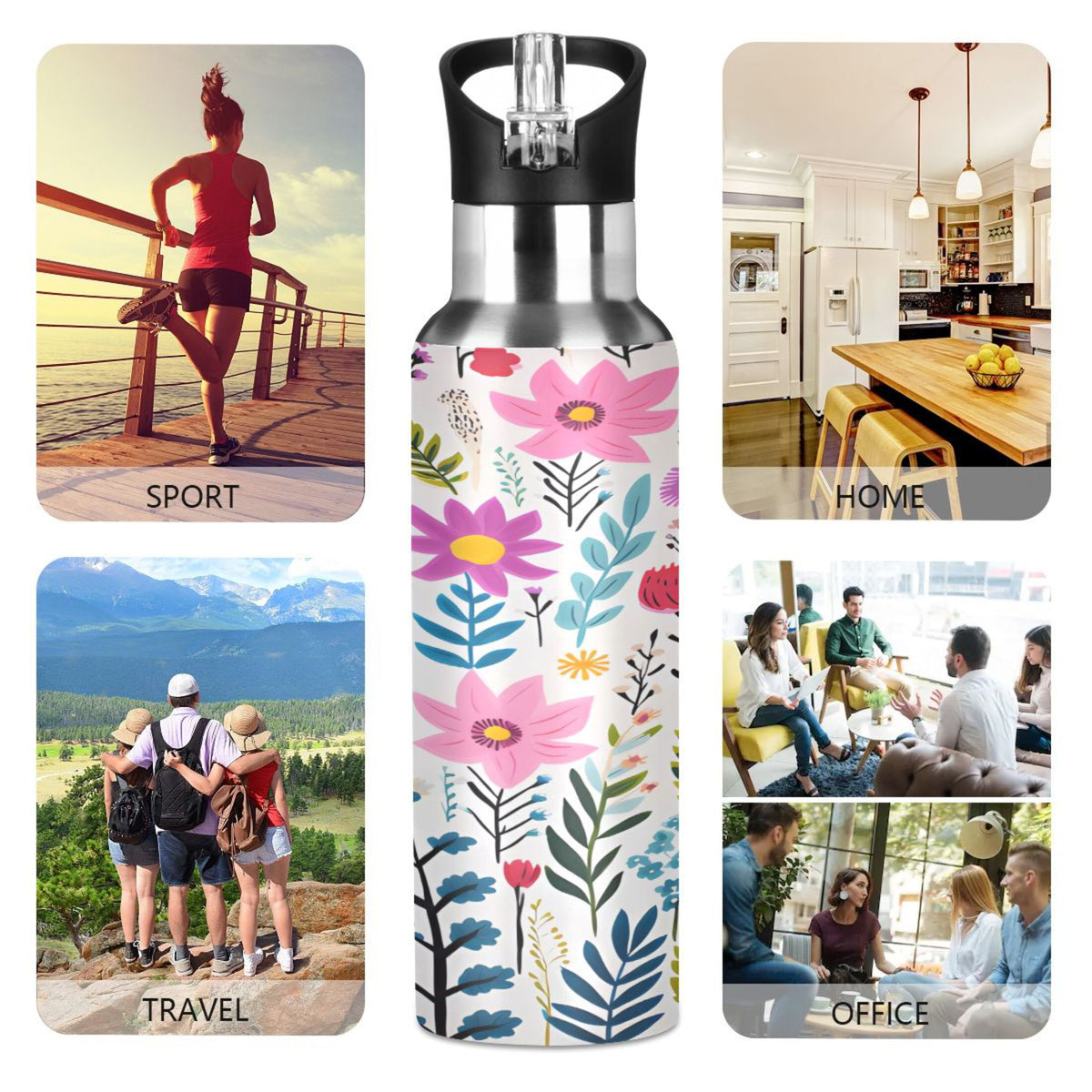 Pink Blue Flowers Stainless Steel Insulated Water Bottle with Straw Lid S540543