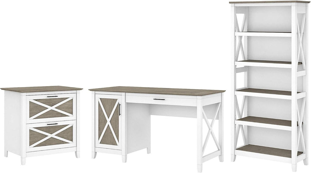 54W Reclaimed Pine Computer Desk with 2 Drawer Lateral File Cabinet and 5 Shelf Bookcase I7040