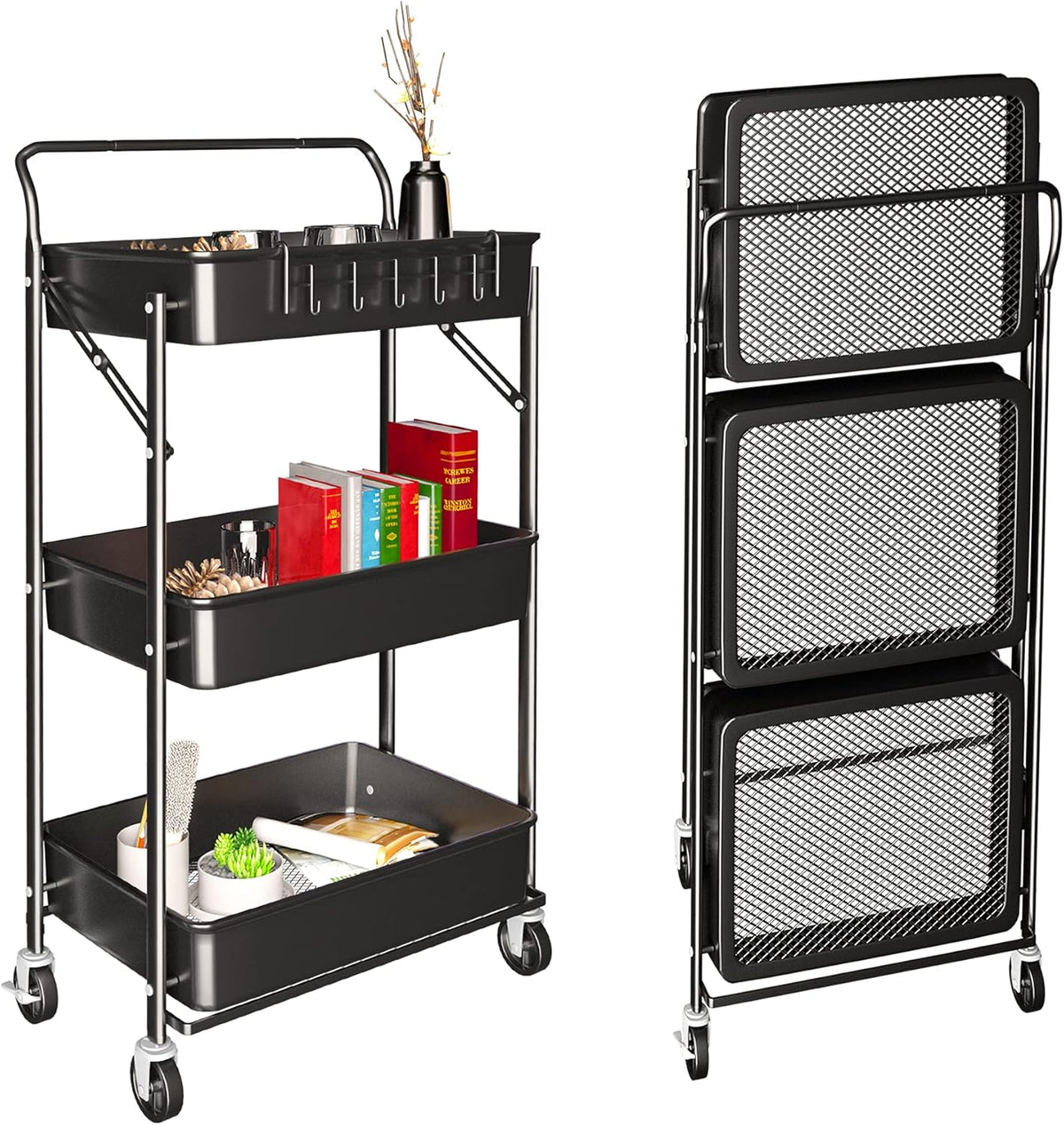 White 3 Tier Foldable Metal Rolling Cart with Wheels C1143