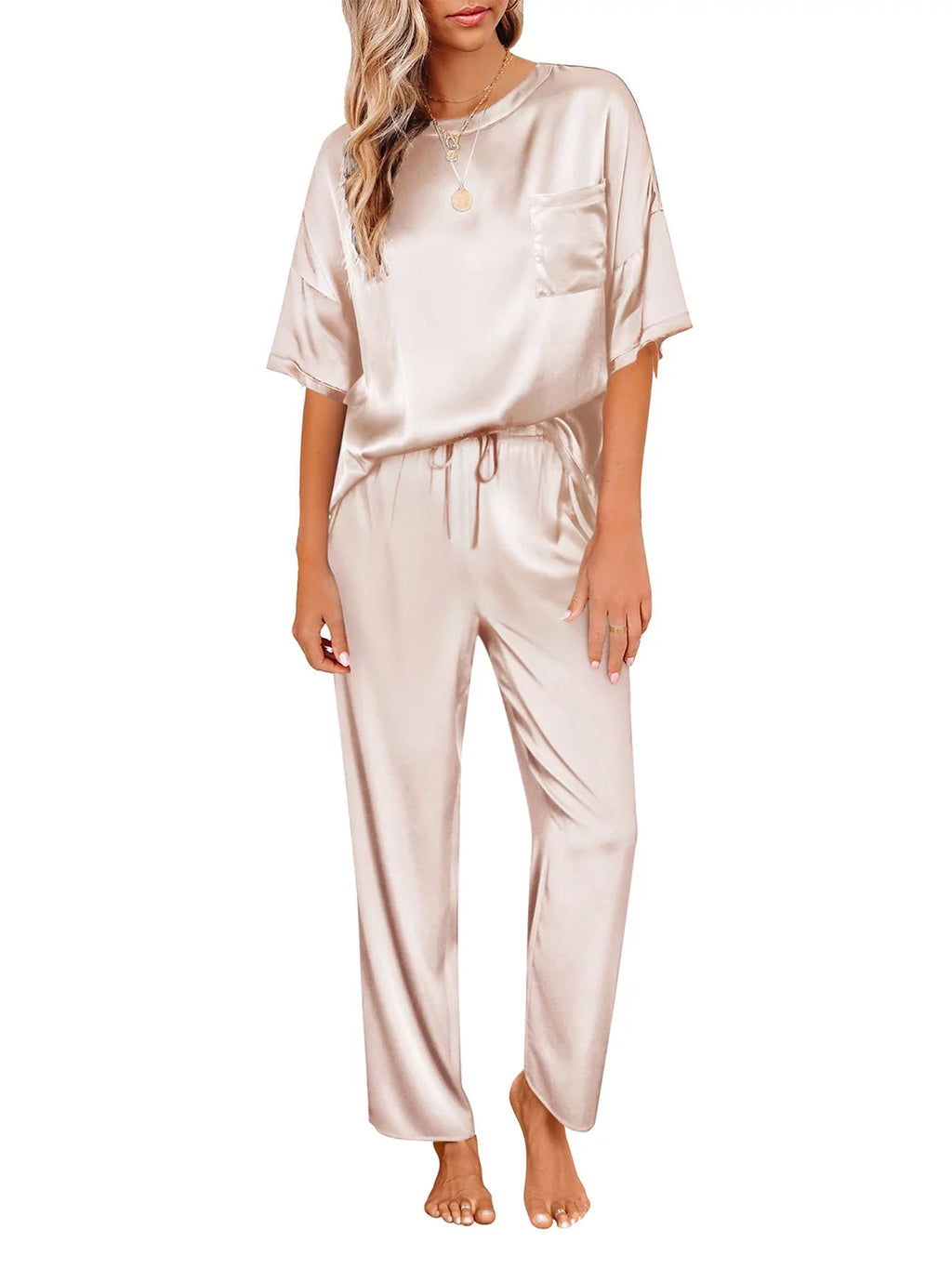 Silk Satin Short Sleeve Long Pant Pajama Set Q28695