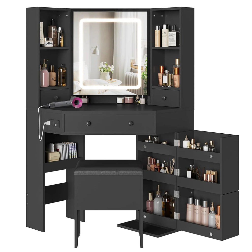 Black Makeup Desk with Lighted Mirror and Charging Station J864