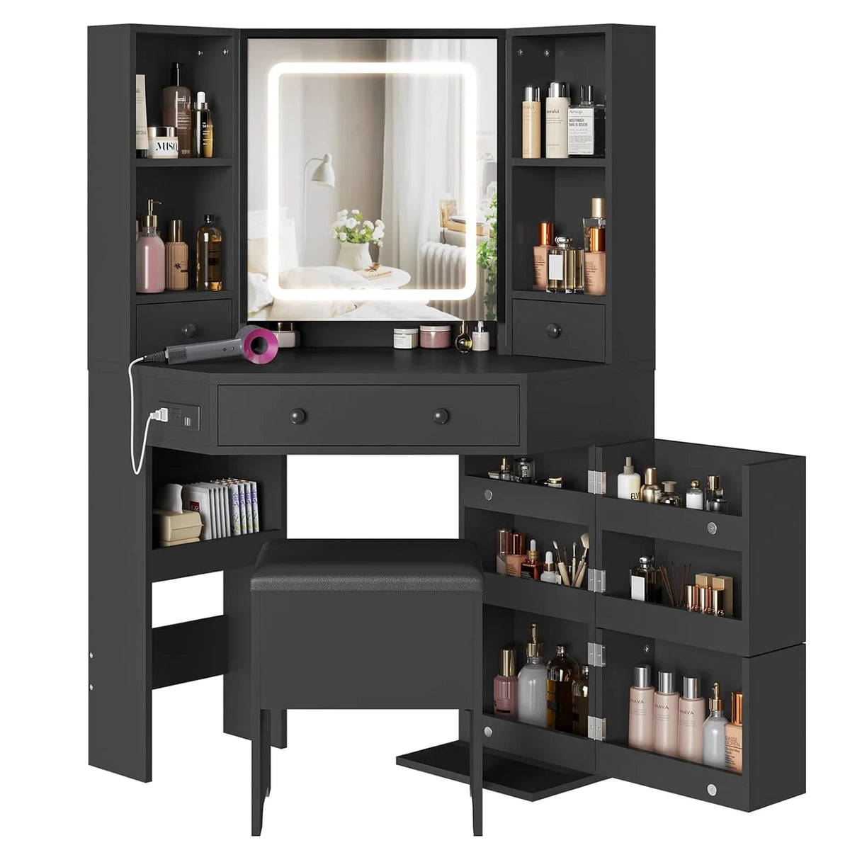 Black Makeup Desk with Lighted Mirror and Charging Station J864