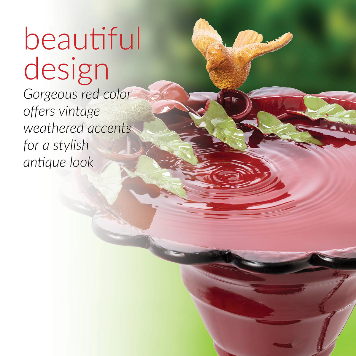 28-Inch Metal Bird Bath with Birds and Leaves, Red N416780