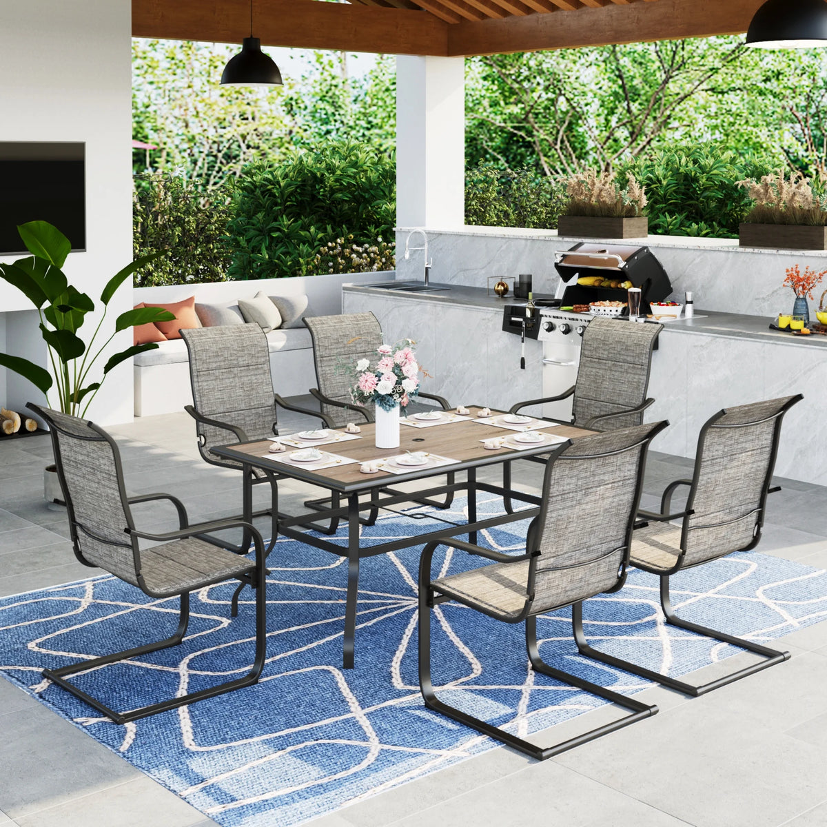 7 Pieces Outdoor Patio Dining Set with 6 Textilene Chairs and Metal Table S5302
