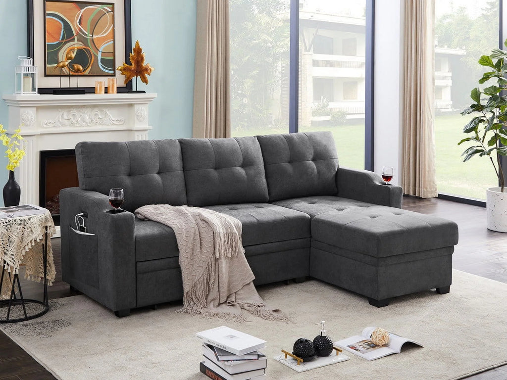 Dark Gray Woven Fabric Sleeper Sectional with Cupholder, USB Charging Port and Pocket F264