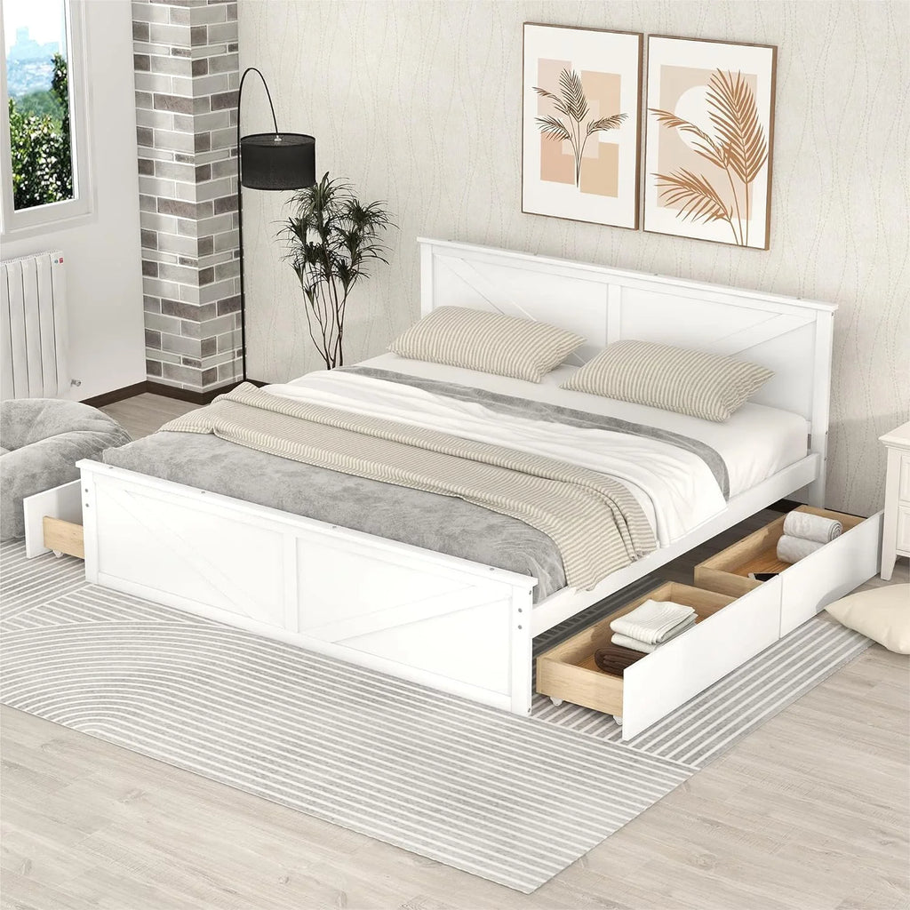 White Wood Platform Bed Frame with 4 Storage Drawers U6498