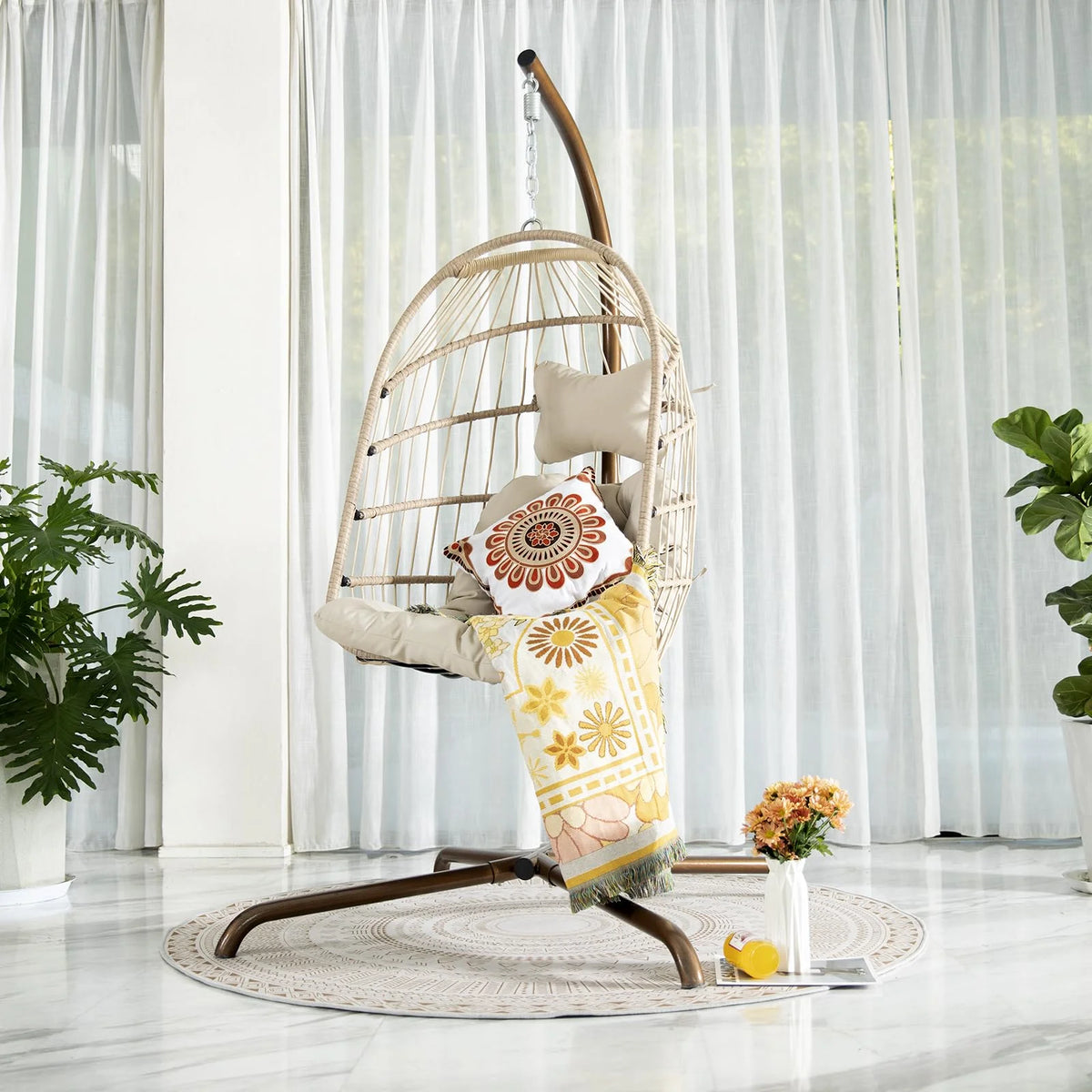 Foldable Brown PE Wicker Hanging Egg Chair with Stand K98788