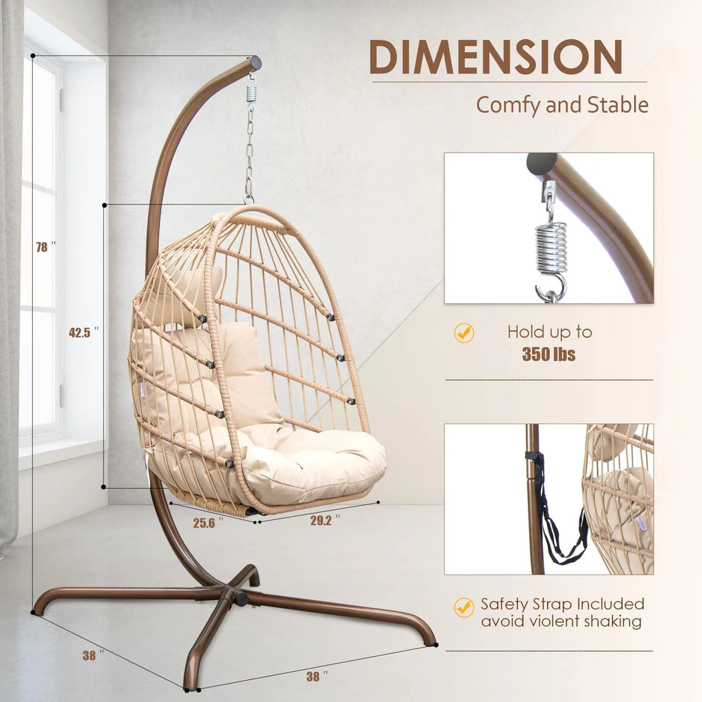 Foldable Brown PE Wicker Hanging Egg Chair with Stand K98788