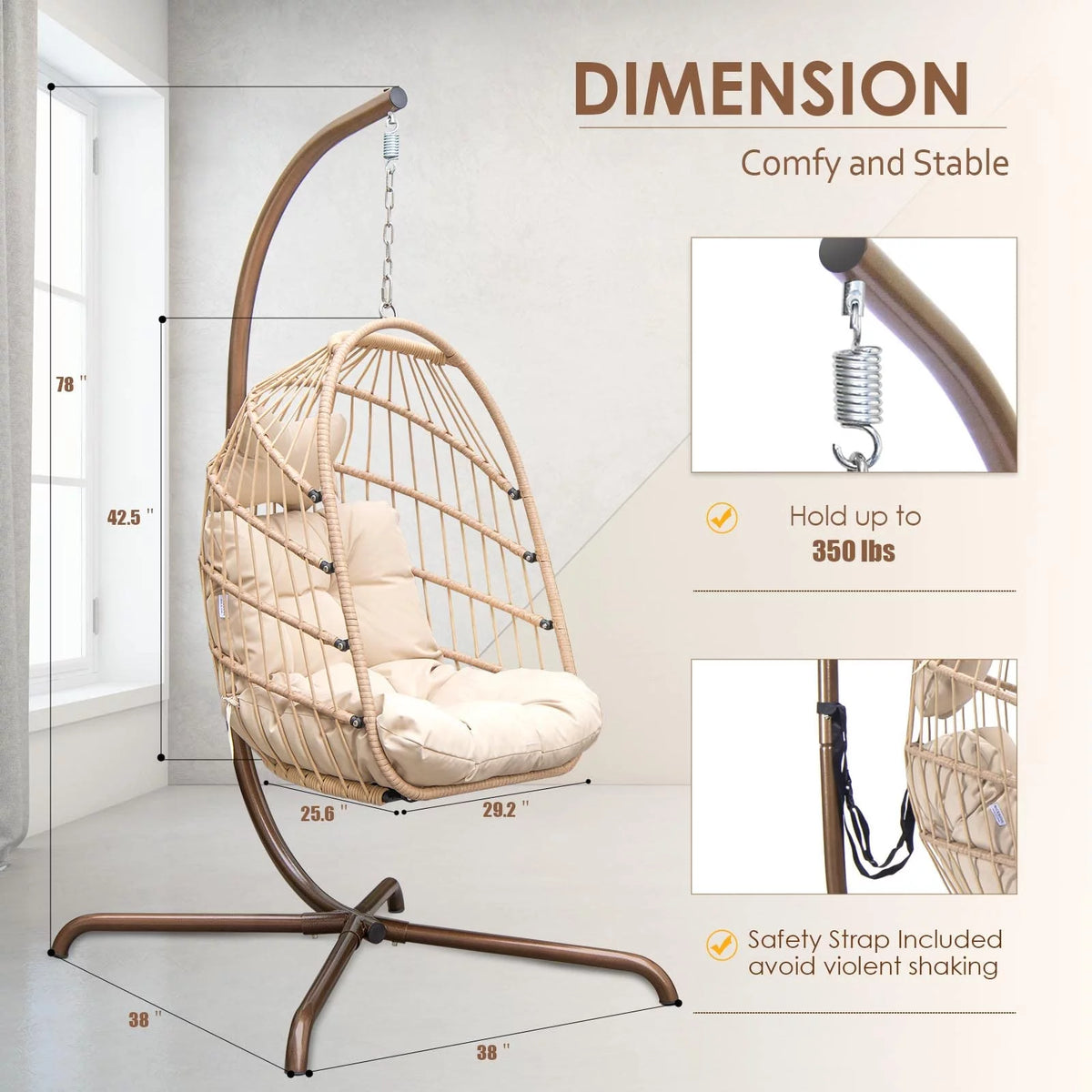 Foldable Brown PE Wicker Hanging Egg Chair with Stand K98788