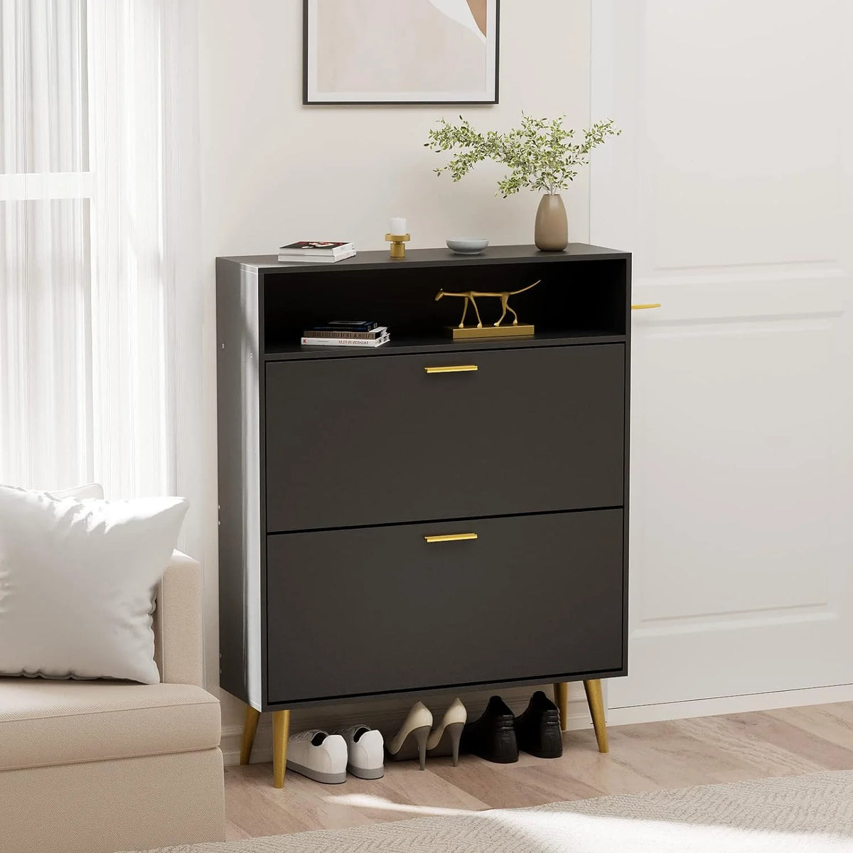 Black Narrow Shoe Cabinet with 2 Flip Drawers P290746