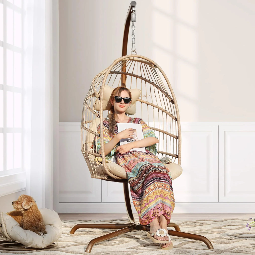 Foldable Brown PE Wicker Hanging Egg Chair with Stand K98788