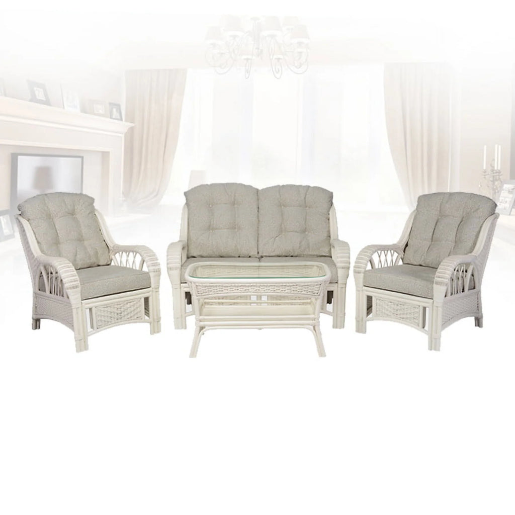 Rattan Wicker Living Room Set 4 Pieces: 2 Lounge Chair ThreeSeater/Sofa Coffee Table White Color with Cushion V807