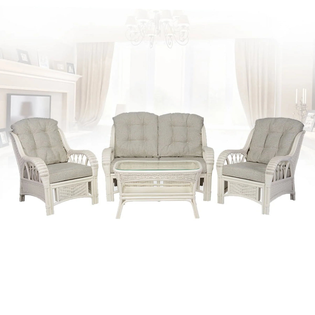 Rattan Wicker Living Room Set 4 Pieces: 2 Lounge Chair ThreeSeater/Sofa Coffee Table White Color with Cushion V807