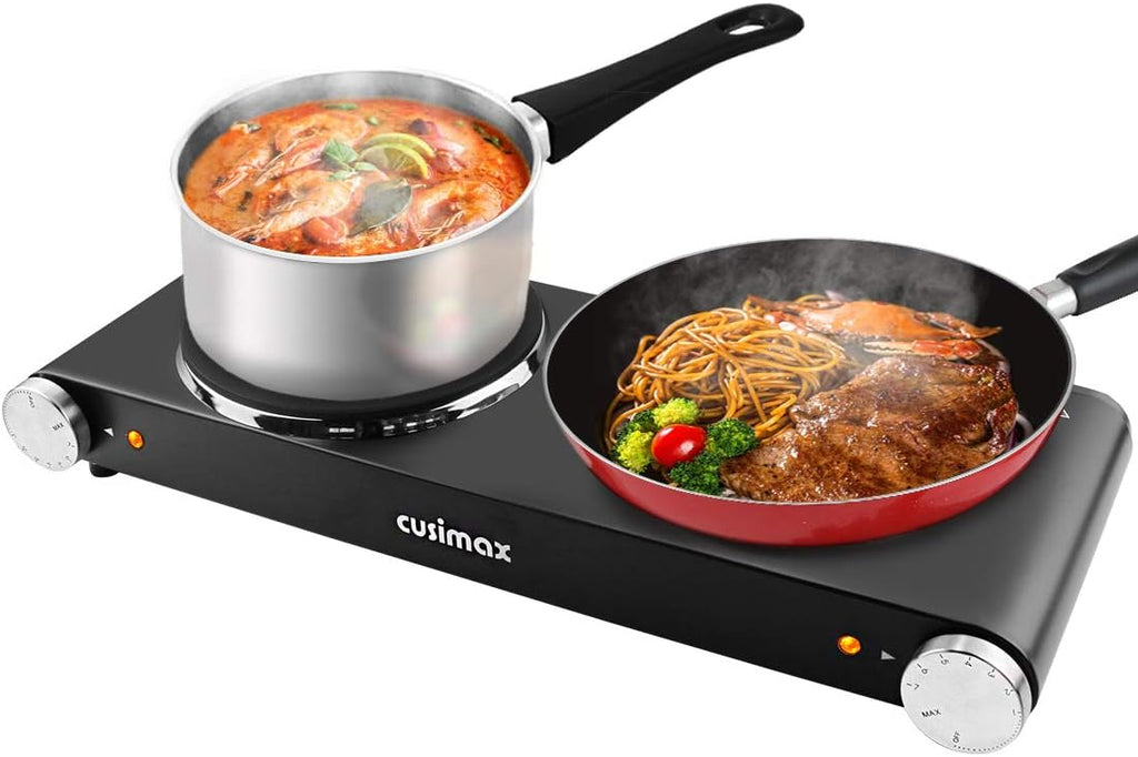 Electric Hot Plate 1500W Single Burner Cast Iron Portable Stove with Adjustable Temperature Control Silver Stainless Steel Non-Slip Rubber Feet Pack of 2 Q340