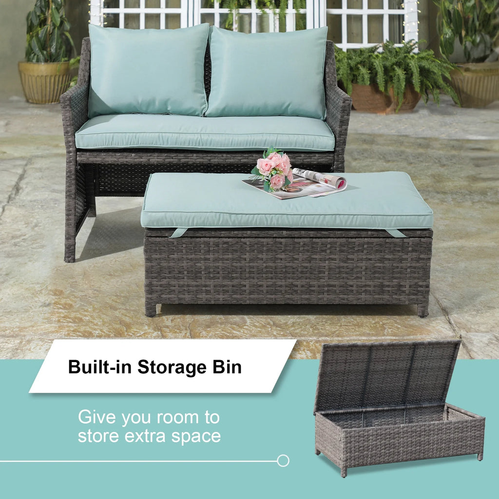 Grey Rattan 2-Piece Outdoor Patio Furniture Set with Green Cushions V489